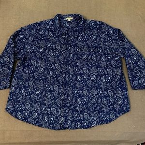 Woman Within Blue Long Sleeve Button Up Velour Floral Shirt Womens 30/32 3X
